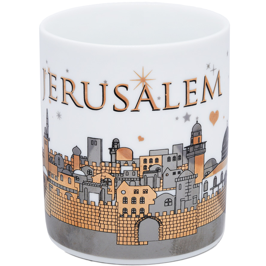 Ceramic ‘Jerusalem of Gold’ Espresso Cup Face – Gold Metallic – White