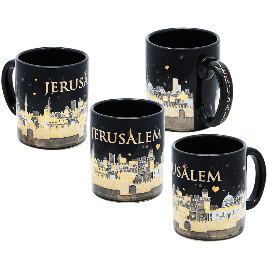 Ceramic 'Jerusalem of Gold' Espresso Cup Set - Gold Metallic - Black