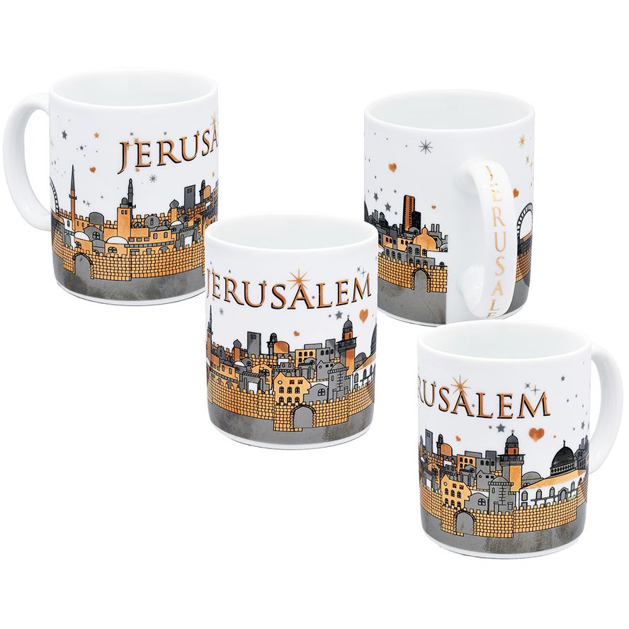 Ceramic 'Jerusalem of Gold' set of 4 Espresso Cup Set - Gold Metallic - White