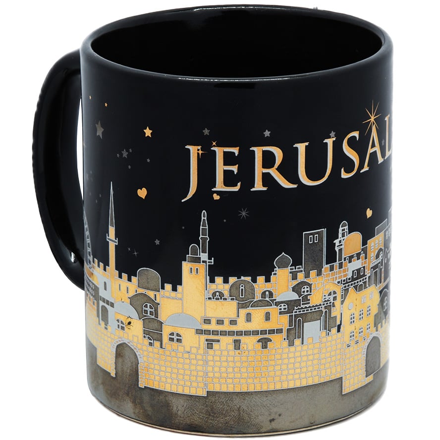 Ceramic ‘Jerusalem of Gold’ Souvenir Mug – Gold Metallic – Black 4″ (left view)