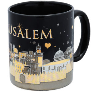 Ceramic 'Jerusalem of Gold' Souvenir Mug - Gold Metallic - Black 4"