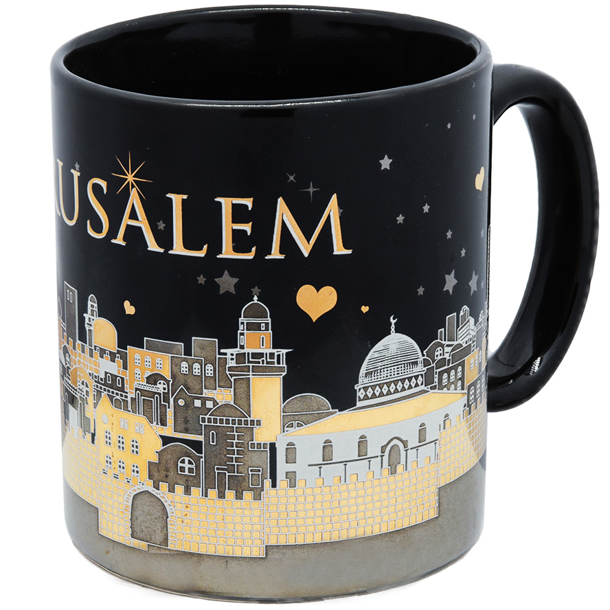 Ceramic ‘Jerusalem of Gold’ Souvenir Mug – Gold Metallic – Black 4″