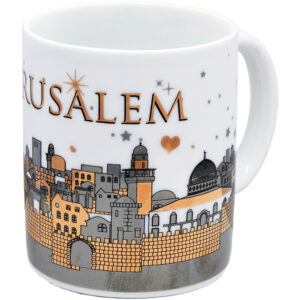 Ceramic 'Jerusalem of Gold' Souvenir Mug - Gold Metallic - White 4" (side view)
