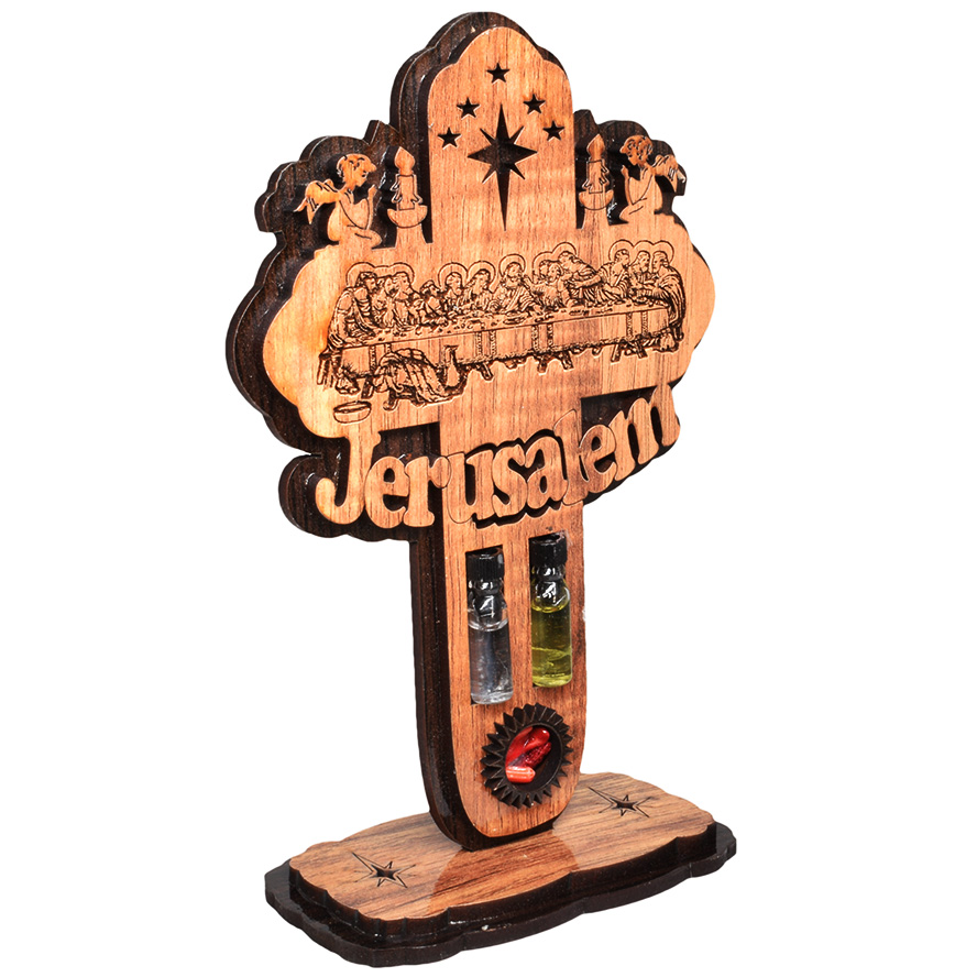 Olive Wood ‘Last Supper’ with ‘Holy Land Elements’ Cross on Stand (side view)