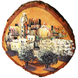 Jerusalem from Mount of Olives - Oil Painting on Olive Wood Slice