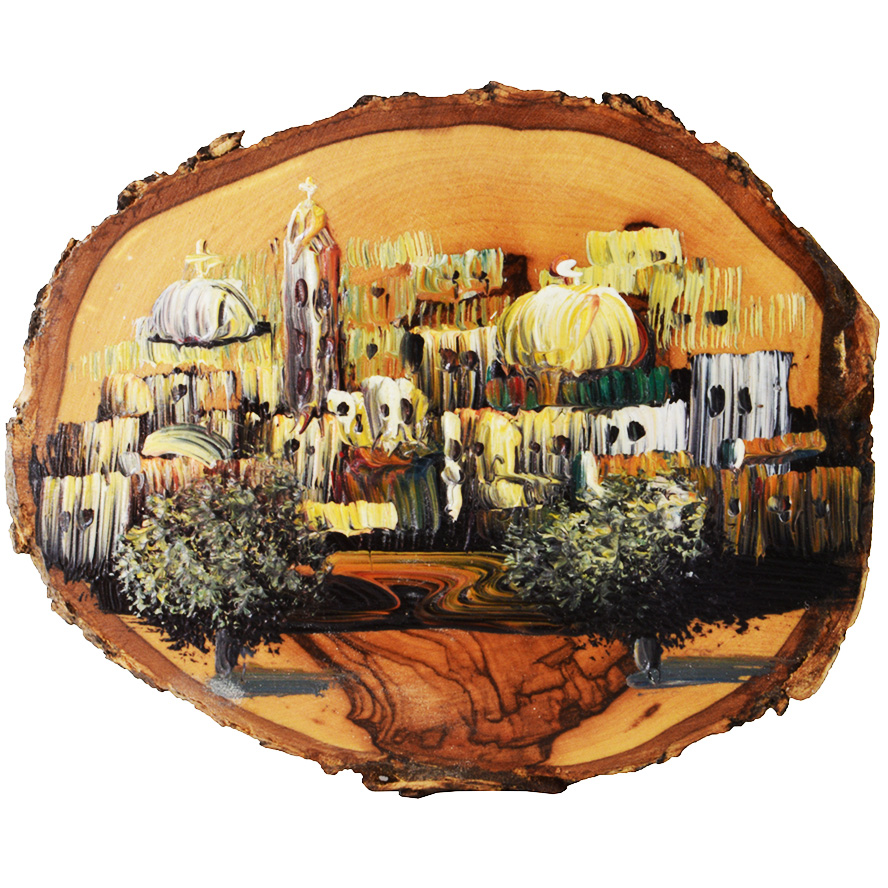 Jerusalem Old City - Oil Painting on Holy Land Olive Wood Slice