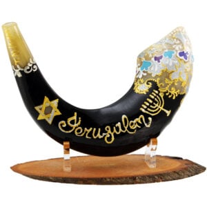 "Jerusalem" Hand-Painted Ram's Horn Shofar By Sarit Romano with Star David and Menorah
