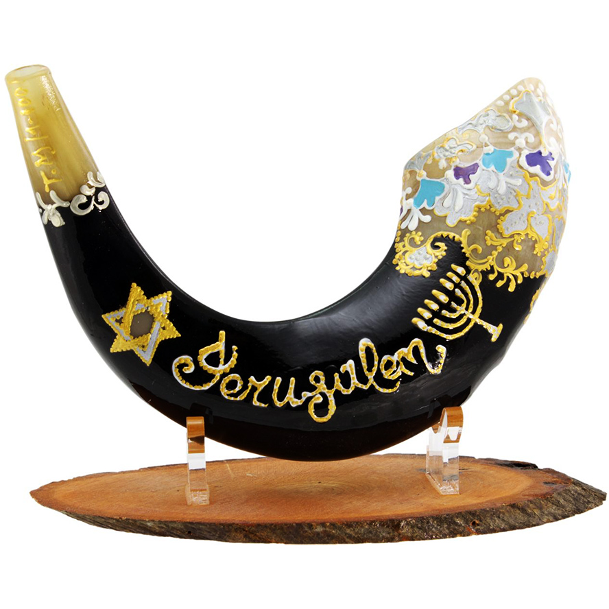 “Jerusalem” Hand-Painted Ram’s Horn Shofar By Sarit Romano with Star David and Menorah