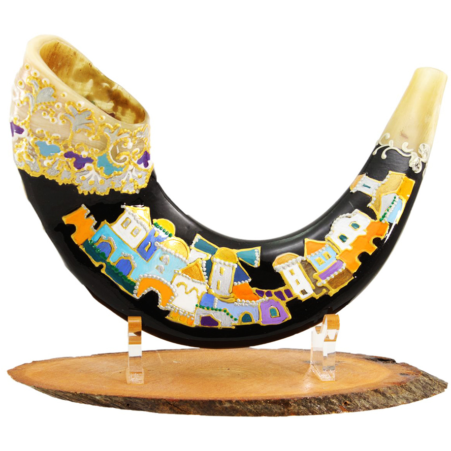 “Jerusalem” Hand-Painted Ram’s Horn Shofar By Sarit Romano