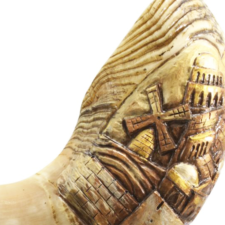 Carved 3D ‘Jerusalem Scene’ Ram’s Horn Shofar – Made in Israel (detail)