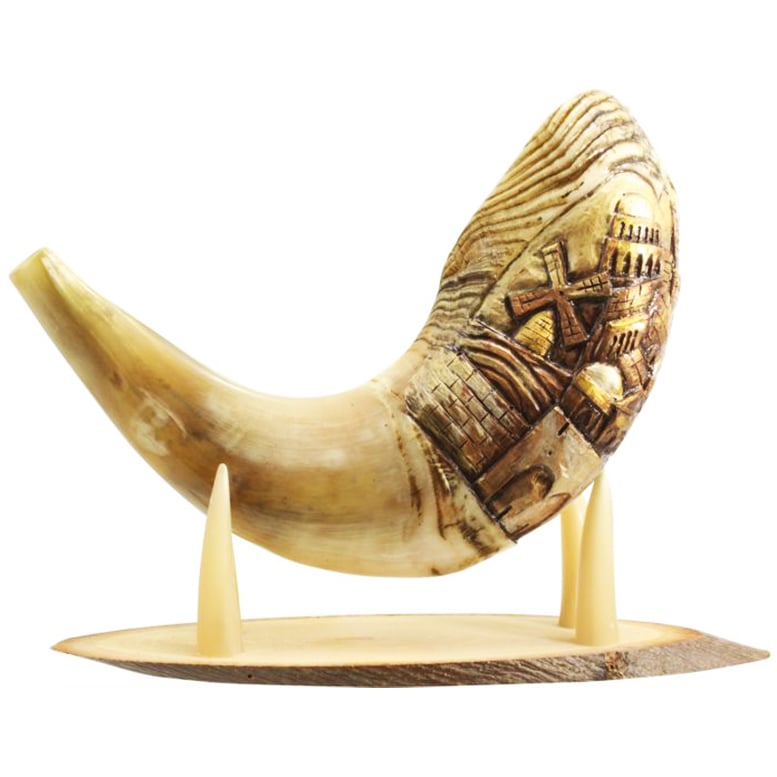 Carved 3D ‘Jerusalem Scene’ Ram’s Horn Shofar – Made in Israel (side view)