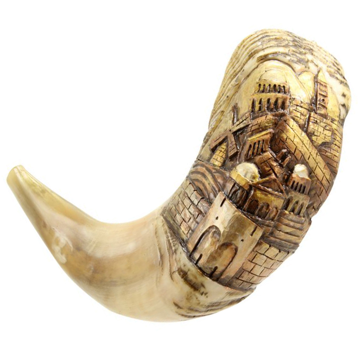 Carved 3D ‘Jerusalem Scene’ Ram’s Horn Shofar – Made in Israel (front view)