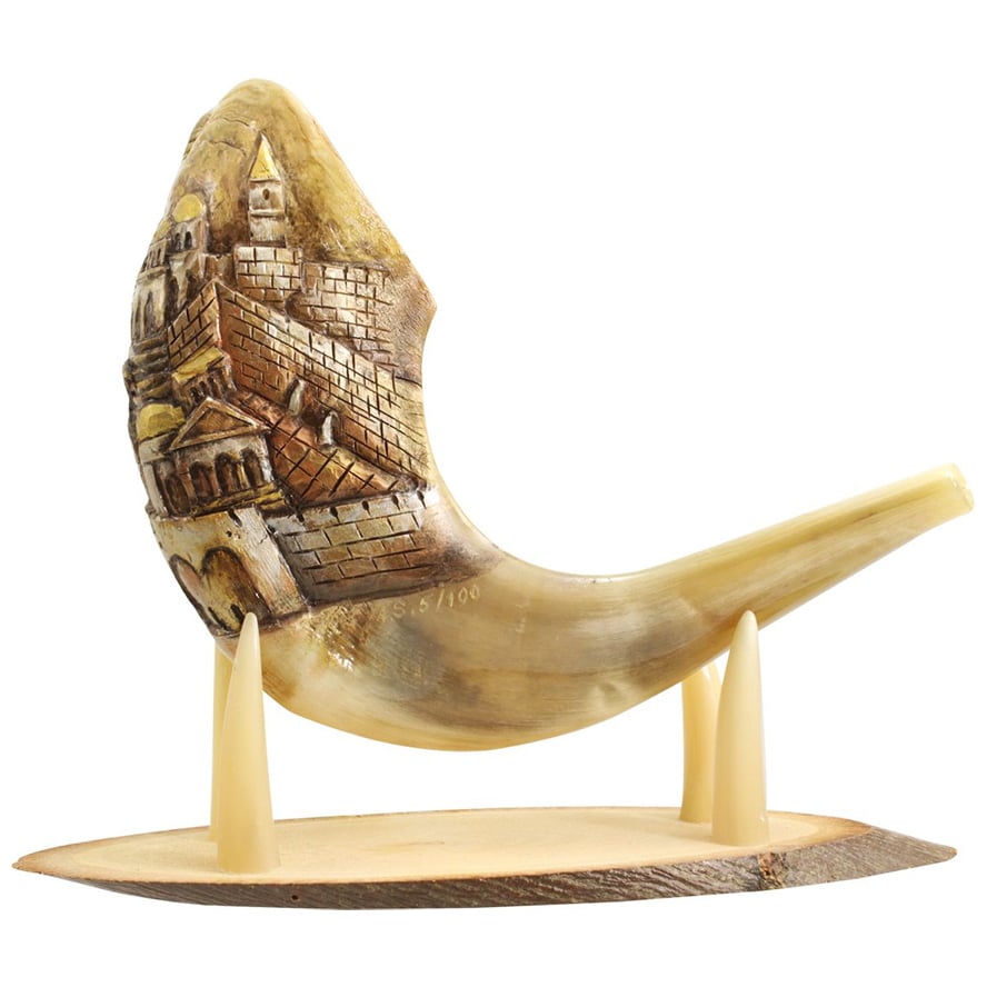 Carved 3D 'Jerusalem Scene' Ram's Horn Shofar - Made in Israel