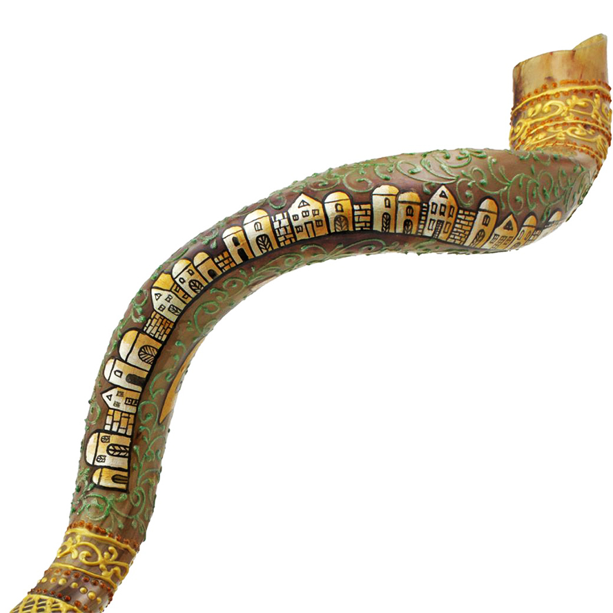 ‘Jerusalem’ in Hebrew with Old City Scene Hand-Painted Kudu Shofar (detail)