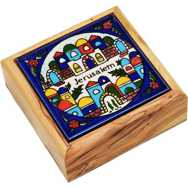 'Gates of Jerusalem' Armenian Ceramic Tile on Olive Wood Box - 3 Size Options