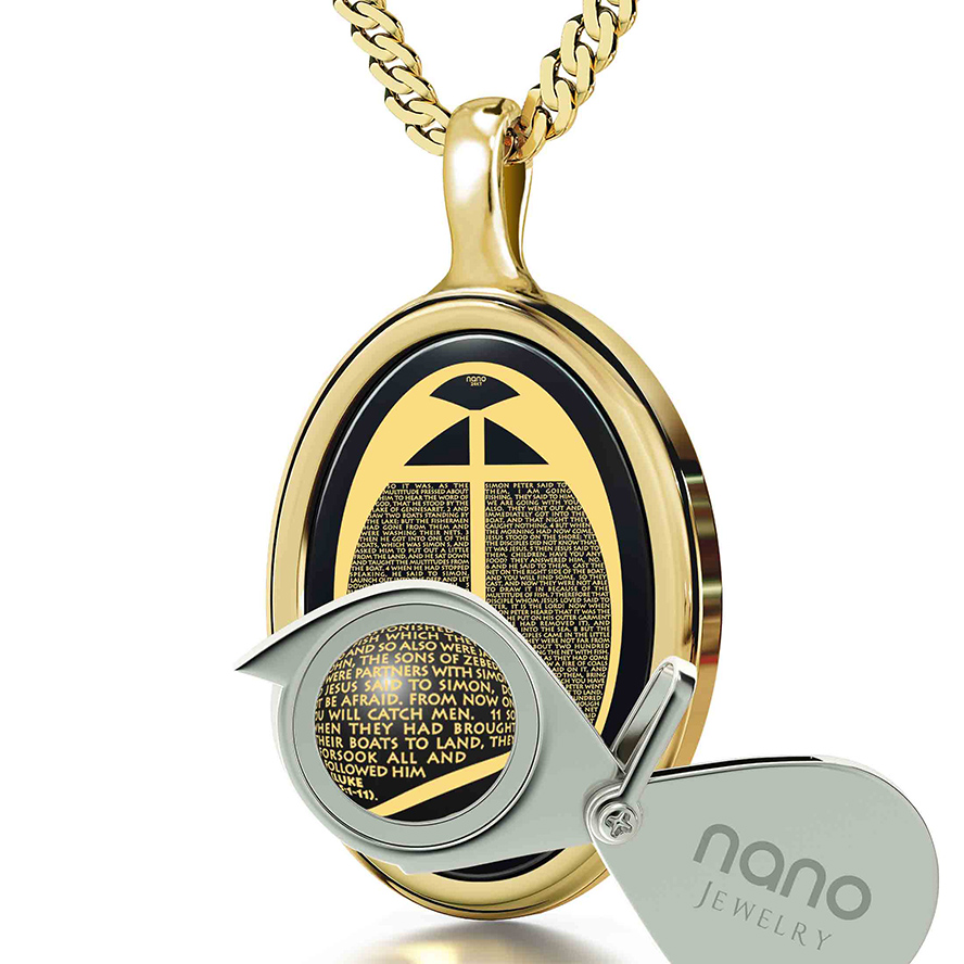 Jesus Calls His Disciples – 24k Scripture on Onyx in 14k Gold Oval Necklace (with magnifying glass)