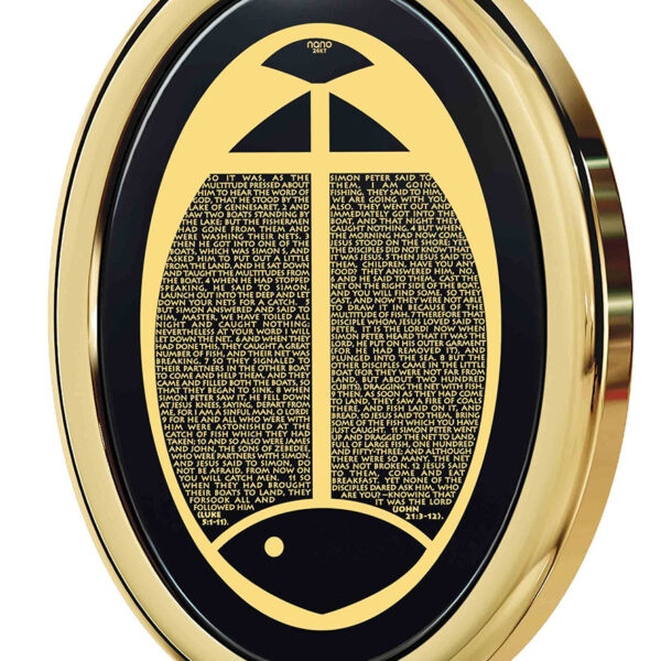 Jesus Calls His Disciples - 24k Scripture on Onyx in 14k Gold Oval Necklace (detail)