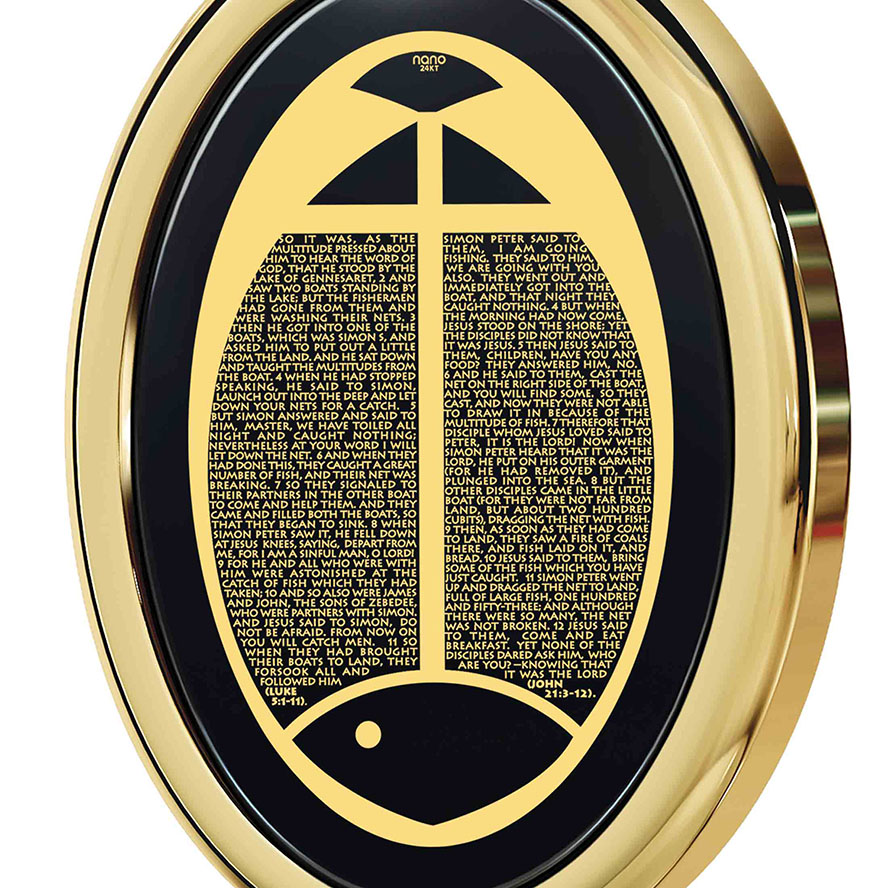 Jesus Calls His Disciples – 24k Scripture on Onyx in 14k Gold Oval Necklace (detail)
