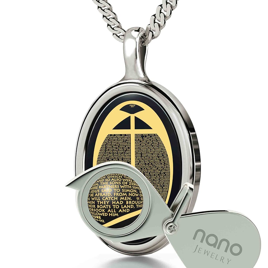 Jesus Calls His Disciples – Onyx 24k Scripture Sterling Silver Oval Necklace (with magnifying glass)