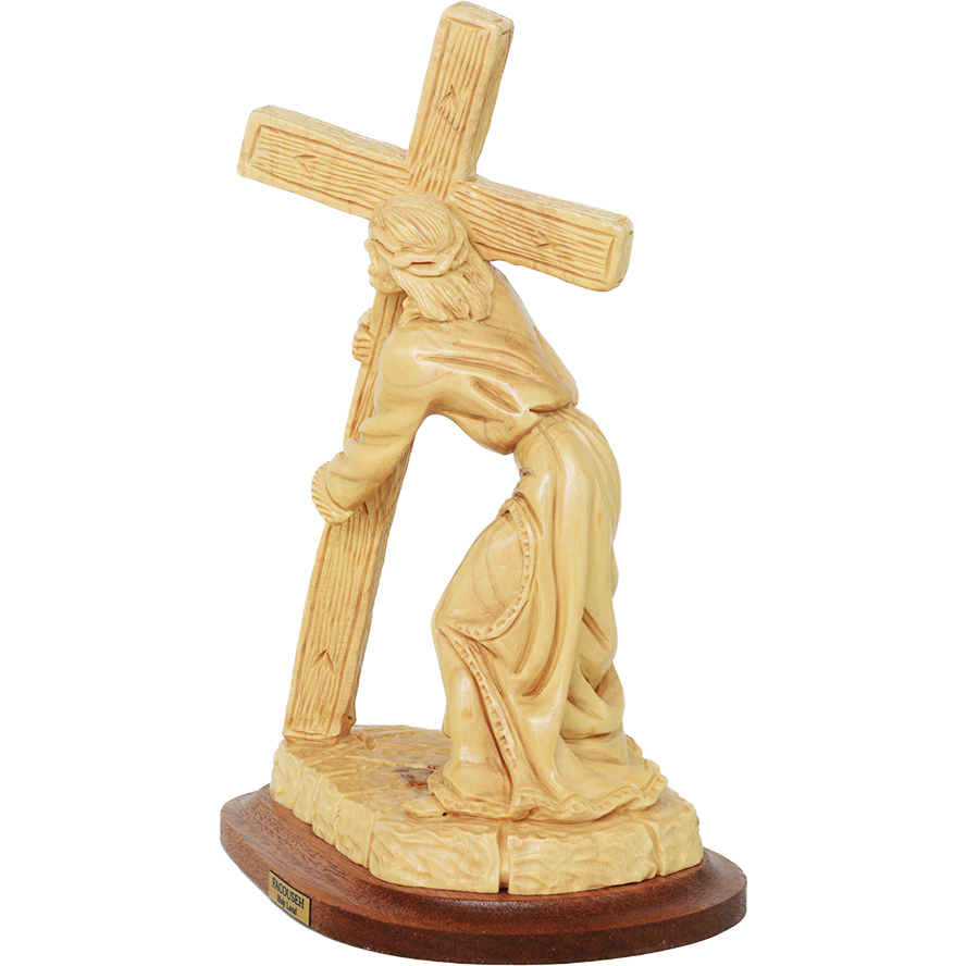 Jesus Carrying The Cross – Olive Wood Statue by Facouseh (back view)
