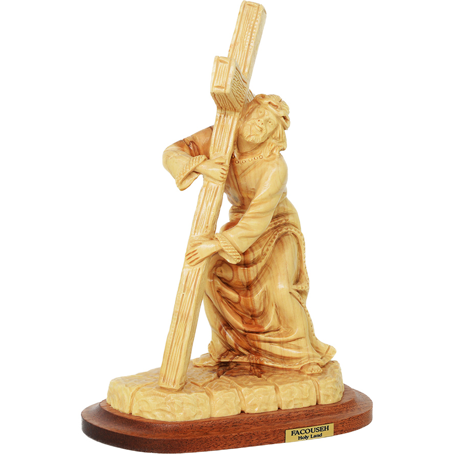 Jesus Carrying The Cross – Olive Wood Statue by Facouseh (front view)