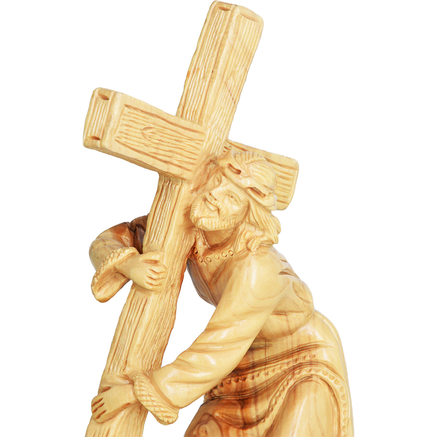 Jesus Carrying The Cross – Olive Wood Statue by Facouseh (detail)