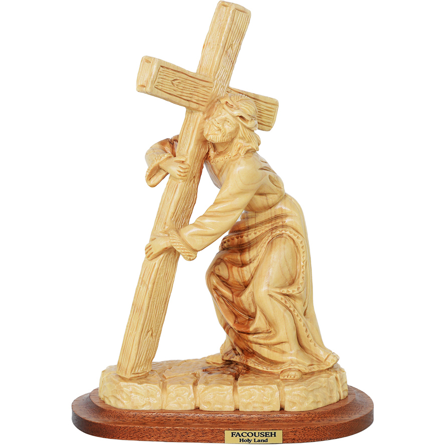 Jesus Carrying The Cross – Olive Wood Statue by Facouseh