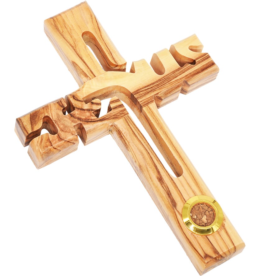 ‘Jesus Cross’ Olive Wood with Jerusalem Soil Wall Hanging – 6″ (angle view)