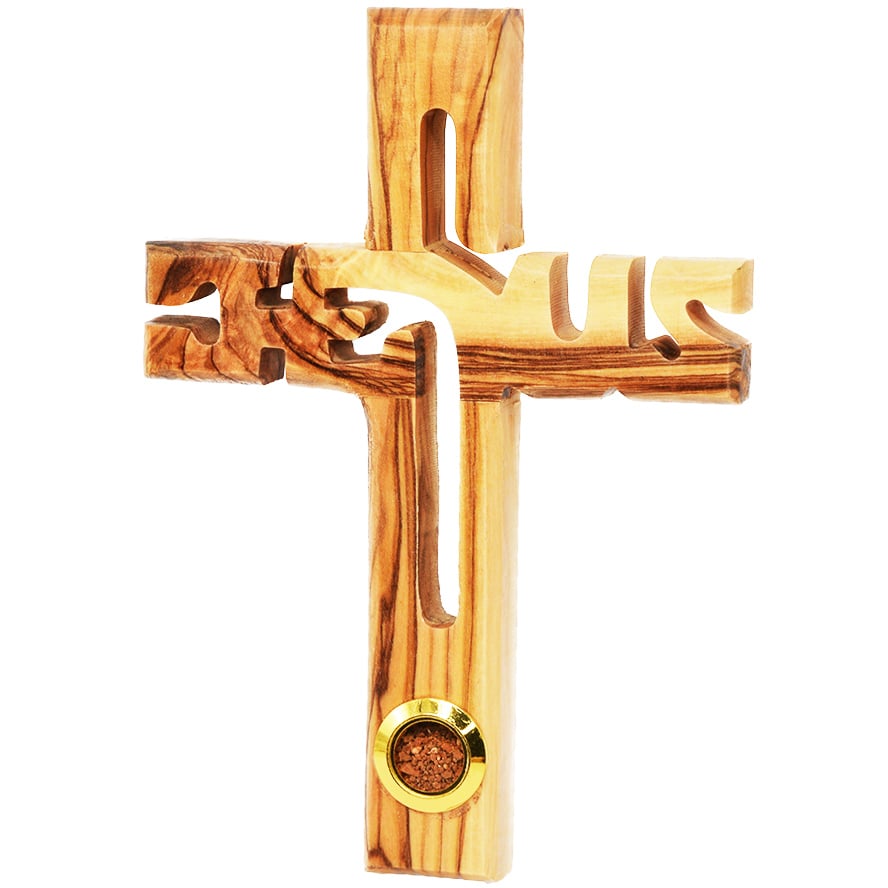 ‘Jesus Cross’ Olive Wood with Jerusalem Soil Wall Hanging – 6″