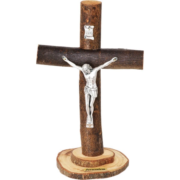 Standing Olive Wood Crucifix and 'INRI' - Made in Jerusalem - 7"