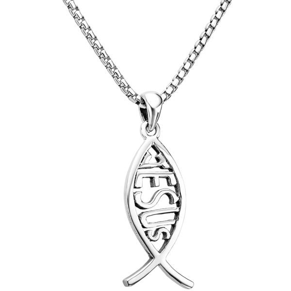 Ichthus Sterling Silver Fish with Jesus Necklace from Jerusalem (with chain)