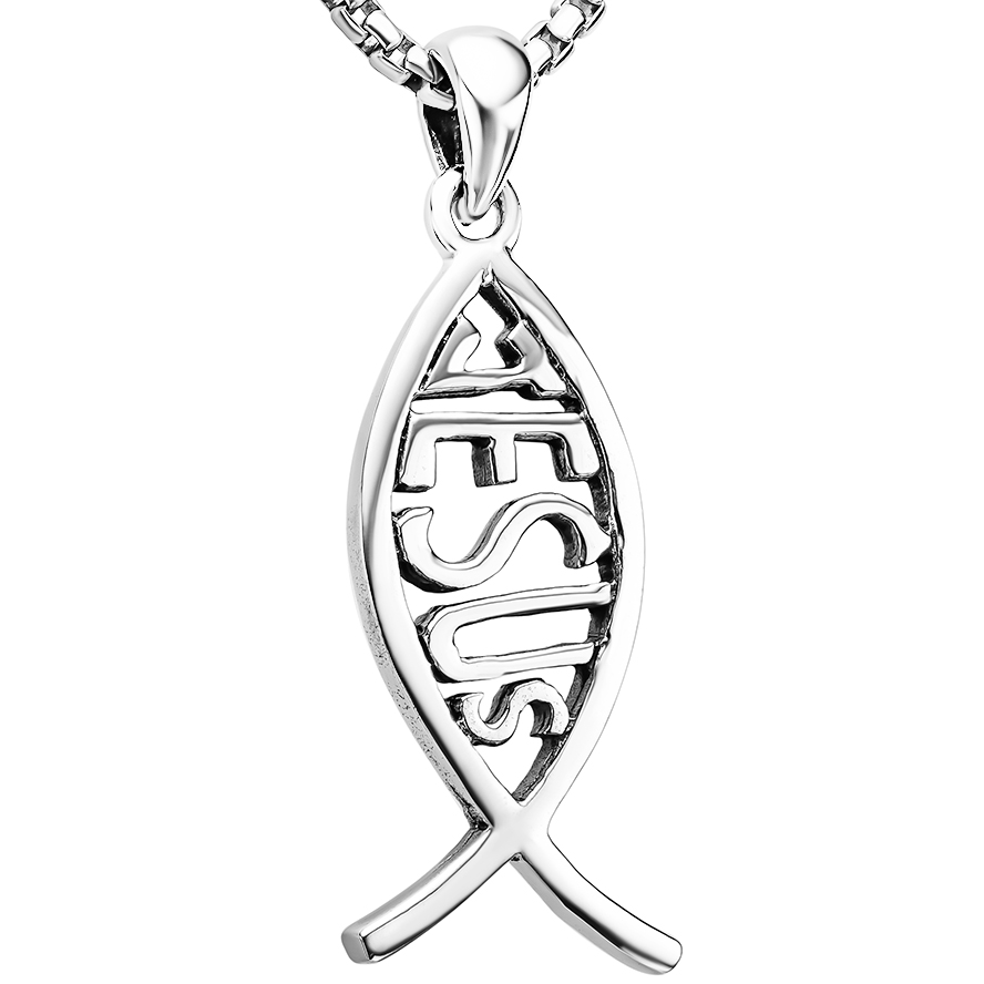 Ichthus Sterling Silver Fish with Jesus Necklace from Jerusalem