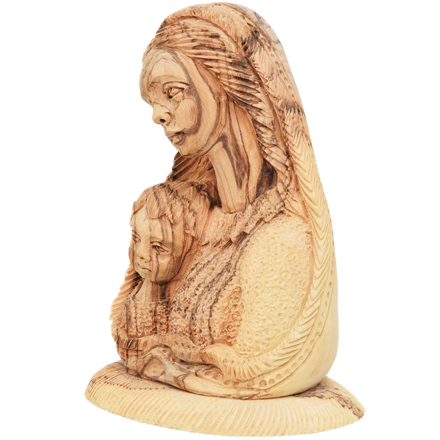 Mary and Jesus Detailed Olive Wood Carving from Bethlehem – 5″ (right angle view)