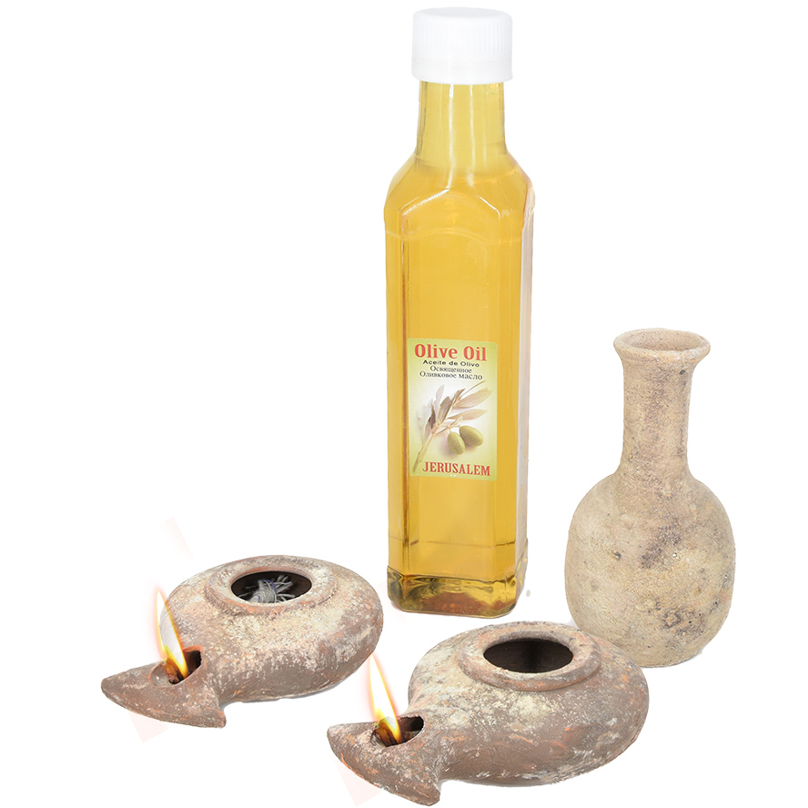 2 Clay lamps – oil filler and Jerusalem olive oil