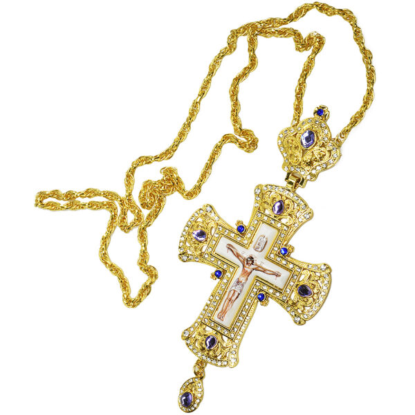 Bishop's Pectoral with Blue Jewels and Zircon Cross with Crucifix (gold chain)