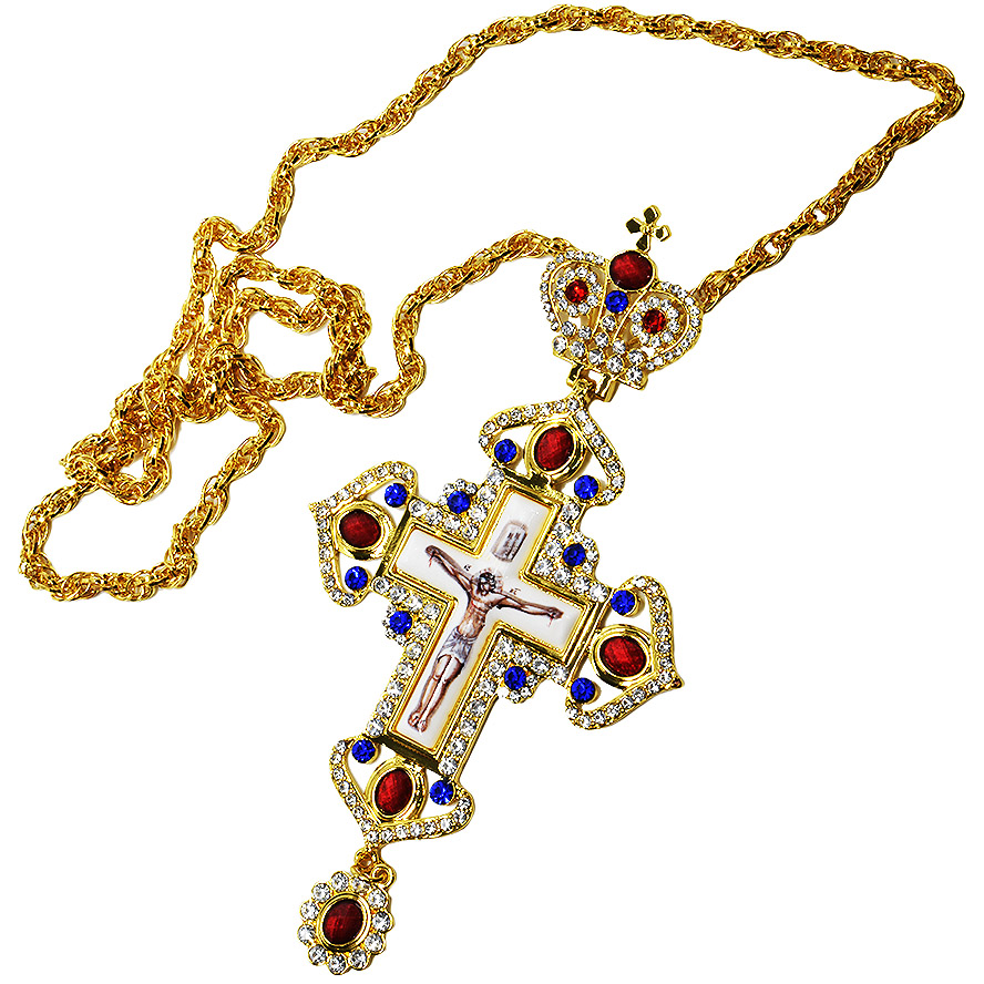 Bishop’s Pectoral Cross – Gold Plated Jeweled Necklace with Crown (with chain)