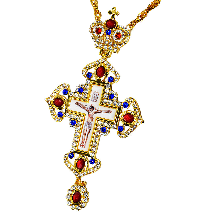 Bishop’s Pectoral Cross – Gold Plated Jeweled Necklace with Crown