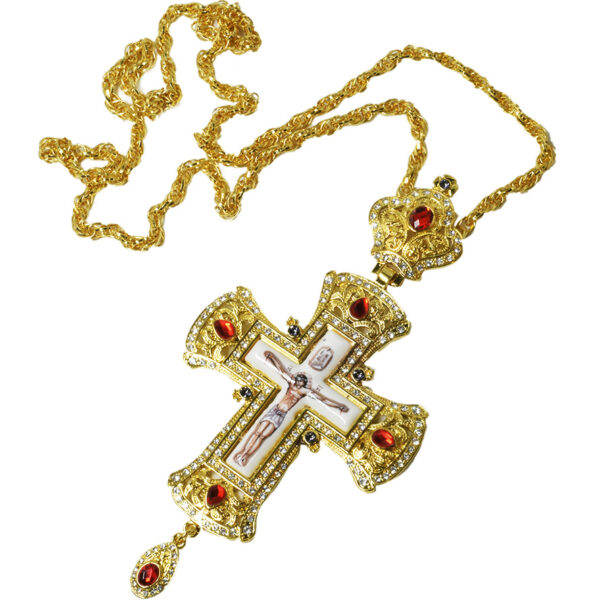 Bishop's Pectoral Cross - Gold Plated Jeweled Enameled Crucifix Necklace (with chain)