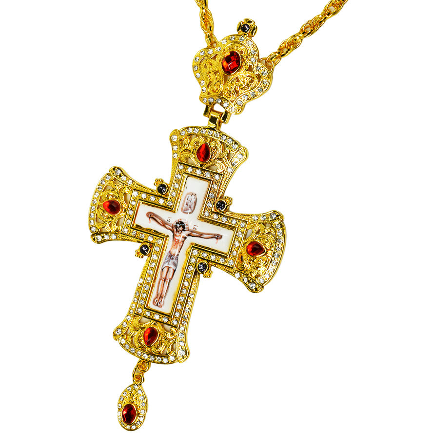 Bishop's Pectoral Cross - Gold Plated Jeweled Enameled Crucifix Necklace