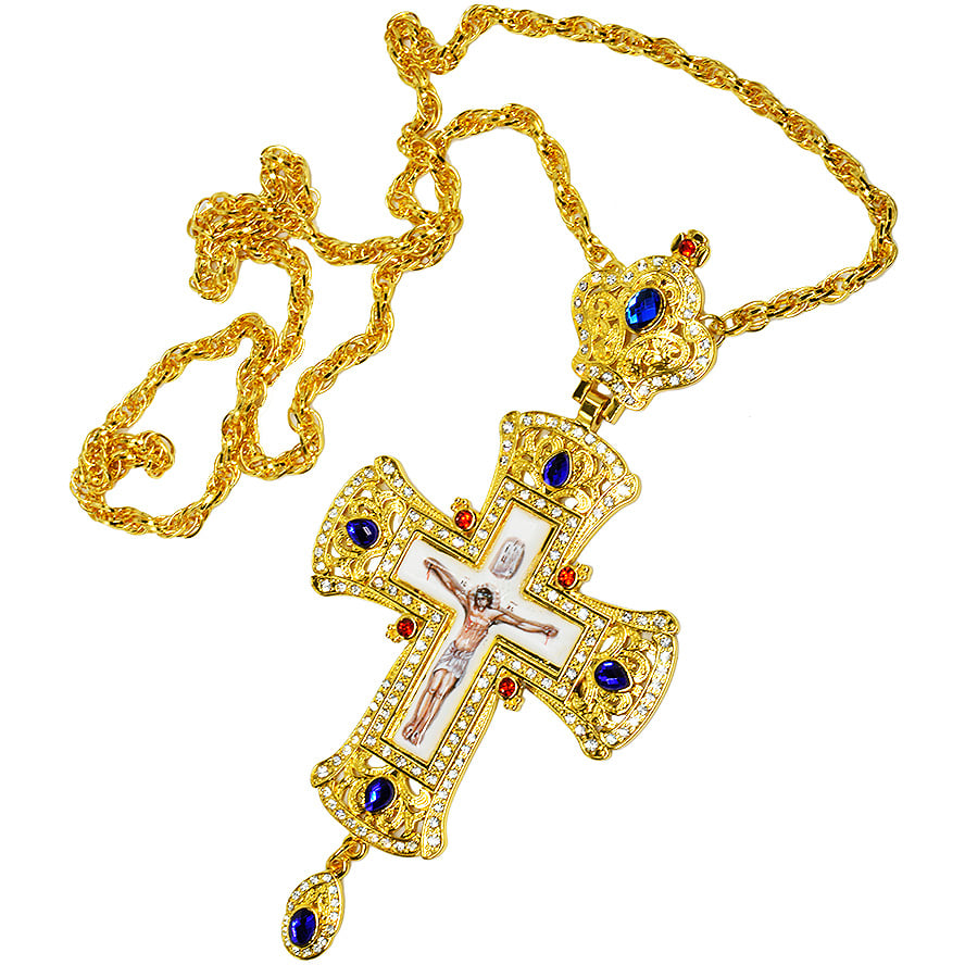 Orthodox Pectoral Cross with Zircon Jeweled Crown and Crucifix (with chain)