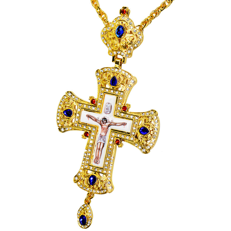 Orthodox Pectoral Cross with Zircon Jeweled Crown and Crucifix