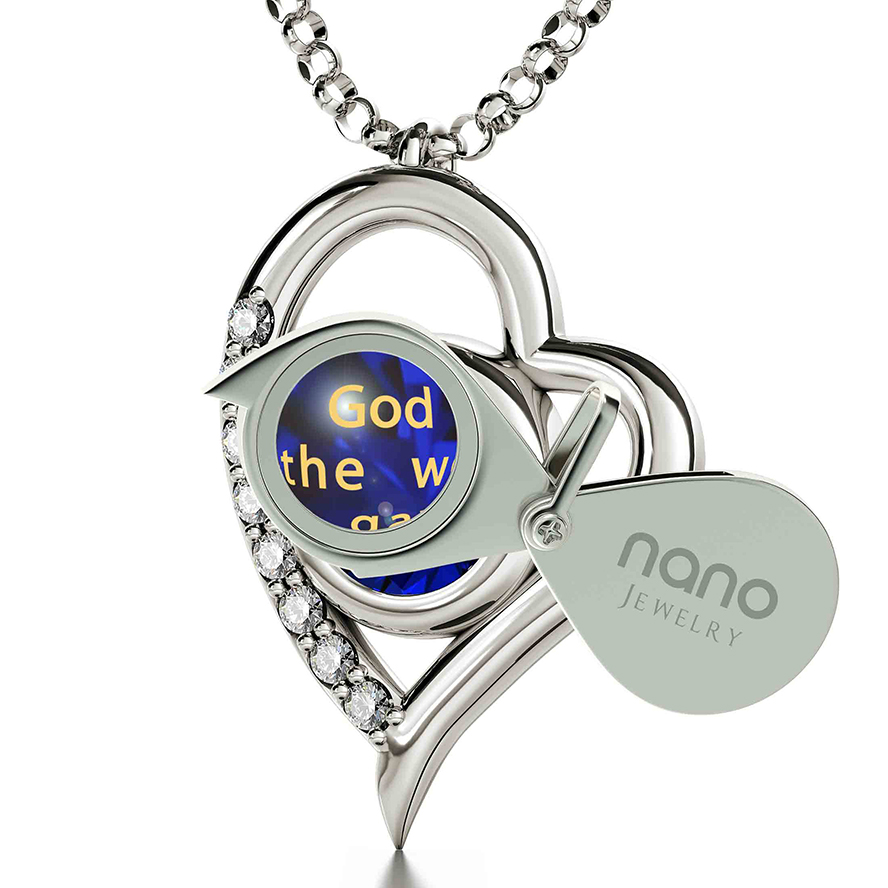 ‘John 3:16’ Nano 24k Gold Inscribed Zirconia – 925 Silver Heart Necklace (with magnifying glass)