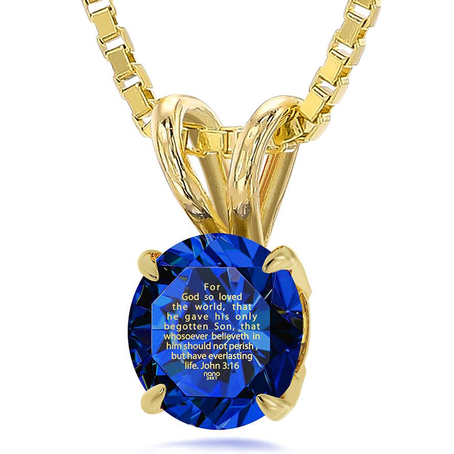 ‘John 3:16’ Nano 24k Gold Inscribed Zirconia 14k Gold Solitaire Necklace (face view)