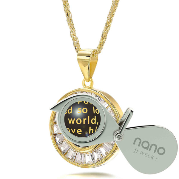 'John 3:16' Nano 24k Gold Inscribed Zirconia 14k Gold Crown Necklace (with magnifying glass)
