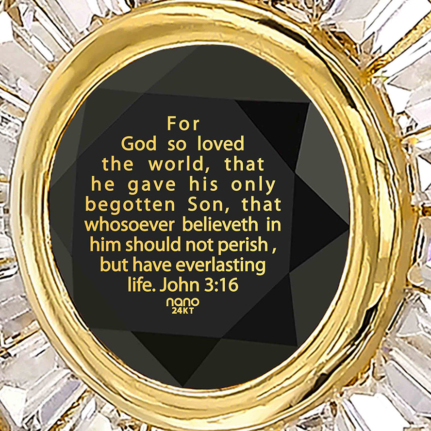 ‘John 3:16’ Nano 24k Gold Inscribed Zirconia 14k Gold Crown Necklace (detail)