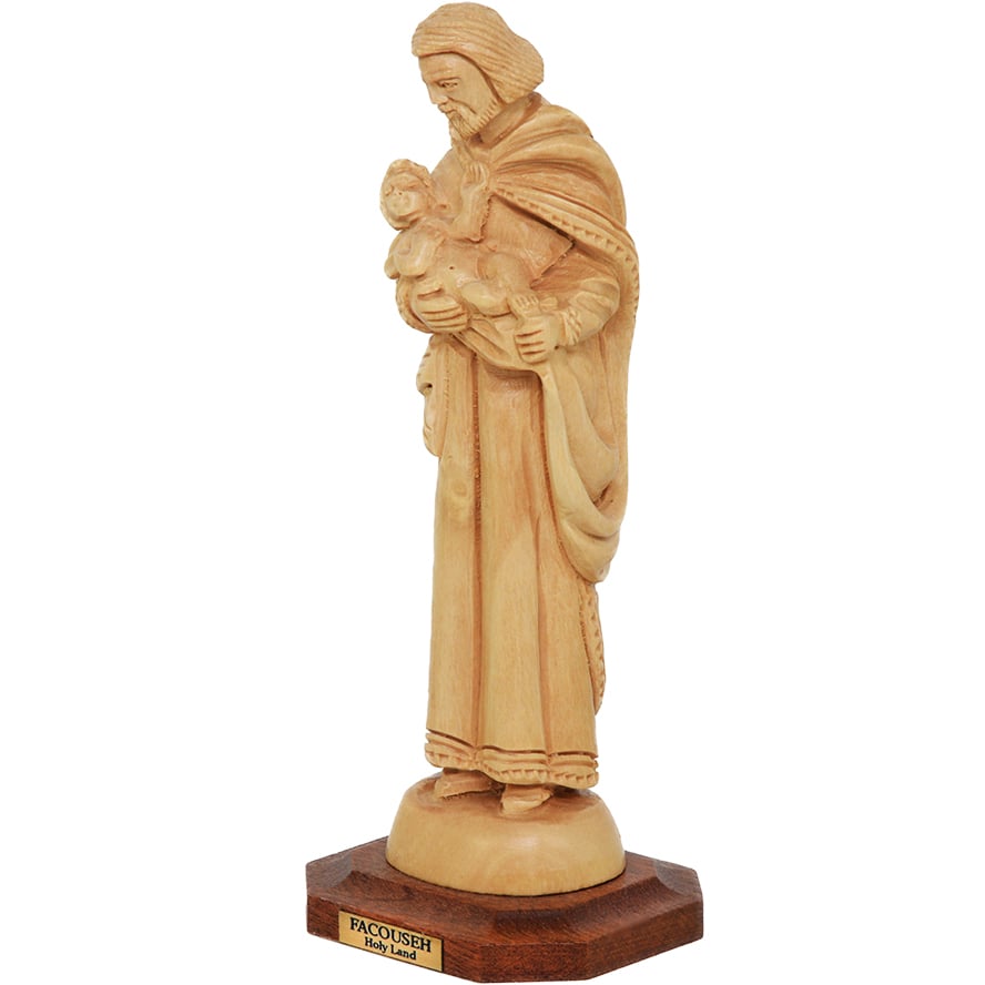 Joseph holding Baby Jesus – Olive Wood Figurine by Facouseh – 5.5″ (angle view)