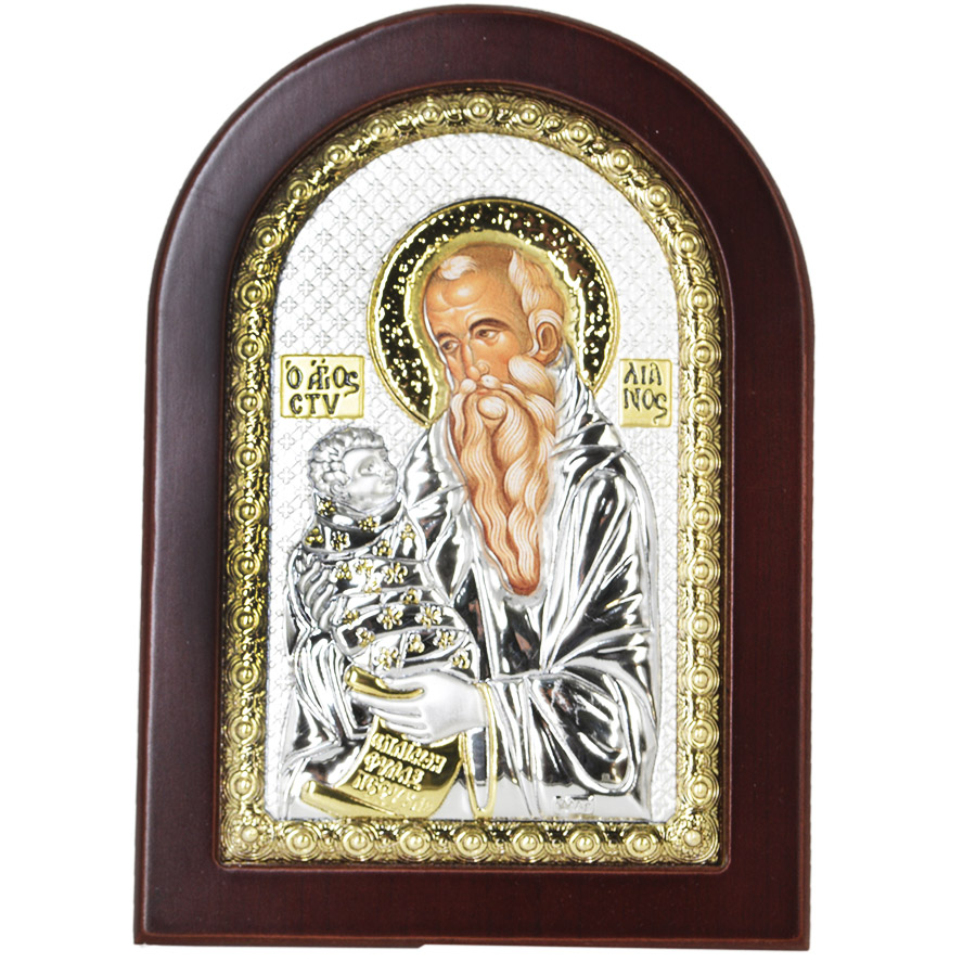 Arched ‘Joseph with Baby Jesus’ Icon – Silver Plated with Wood (front view)