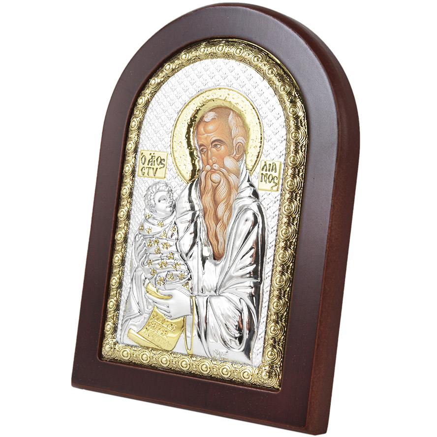 Arched 'Joseph with Baby Jesus' Icon - Silver Plated with Wood