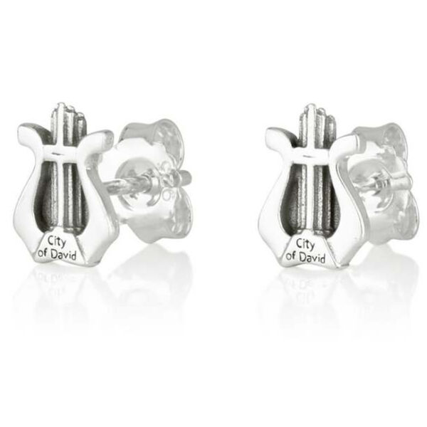 Harp of David Sterling Silver Stud Earrings Engraved with City of David
