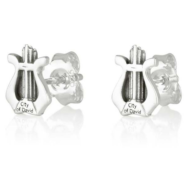 Harp of David Sterling Silver Stud Earrings Engraved with City of David